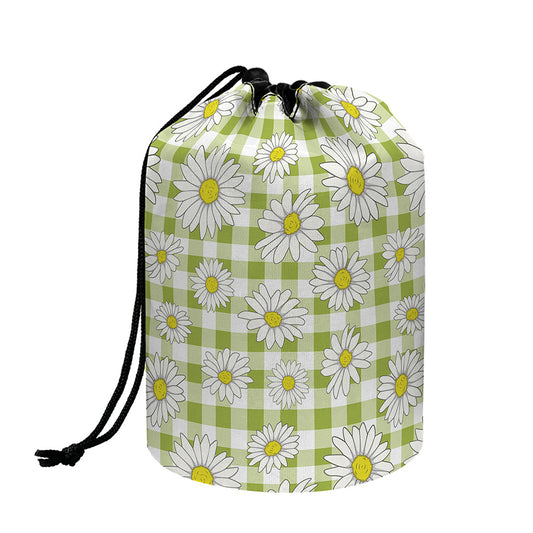 Green Tartan Daisy Pattern Print Drawstring Makeup Bag