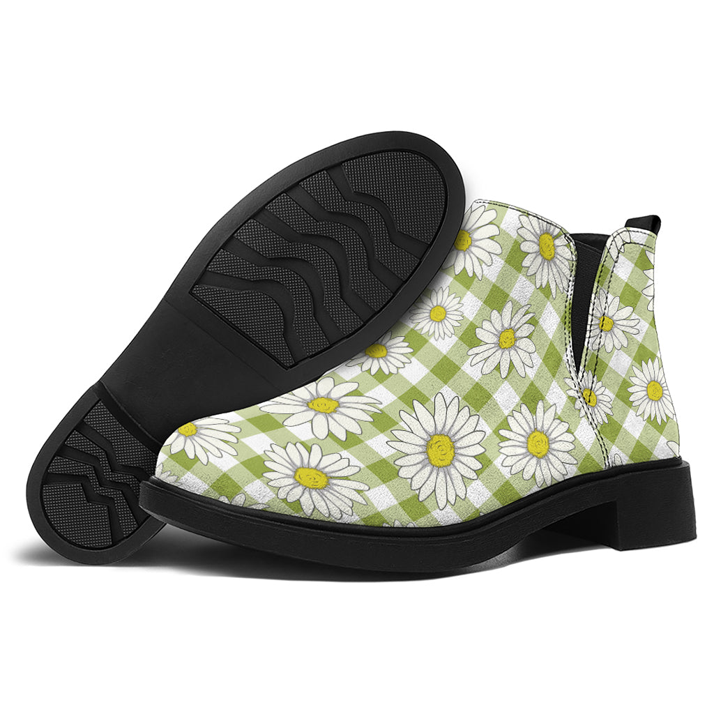 Green Tartan Daisy Pattern Print Flat Ankle Boots