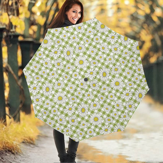 Green Tartan Daisy Pattern Print Foldable Umbrella