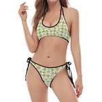 Green Tartan Daisy Pattern Print Halter Scoop Tie Side Bikini