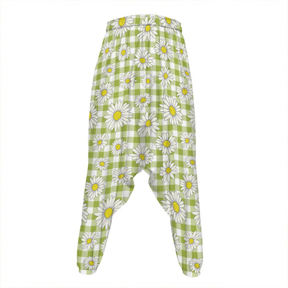Green Tartan Daisy Pattern Print Hammer Pants