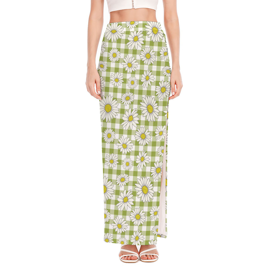 Green Tartan Daisy Pattern Print High Slit Maxi Skirt