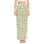 Green Tartan Daisy Pattern Print High Slit Maxi Skirt