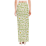 Green Tartan Daisy Pattern Print High Slit Maxi Skirt