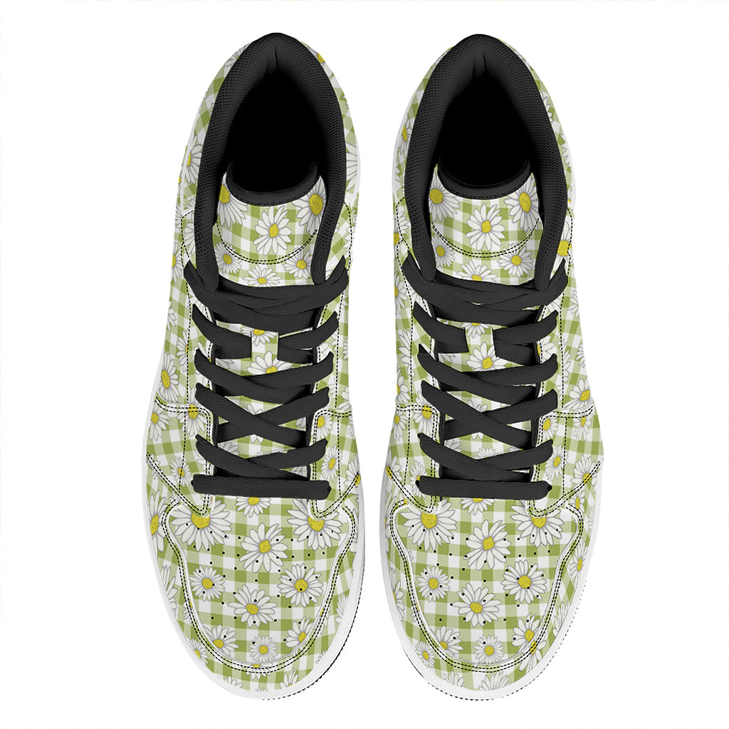 Green Tartan Daisy Pattern Print High Top Leather Sneakers