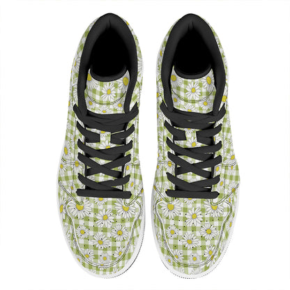Green Tartan Daisy Pattern Print High Top Leather Sneakers