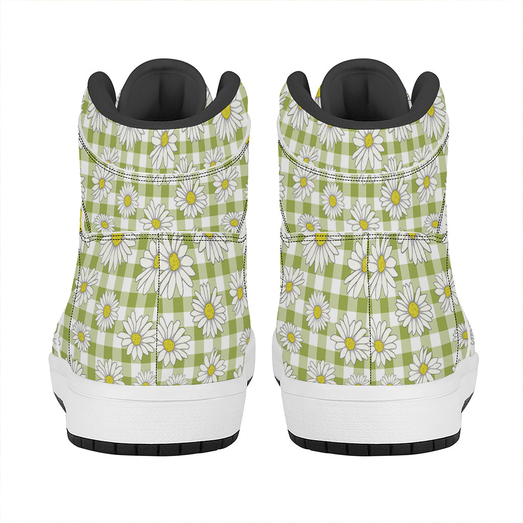 Green Tartan Daisy Pattern Print High Top Leather Sneakers