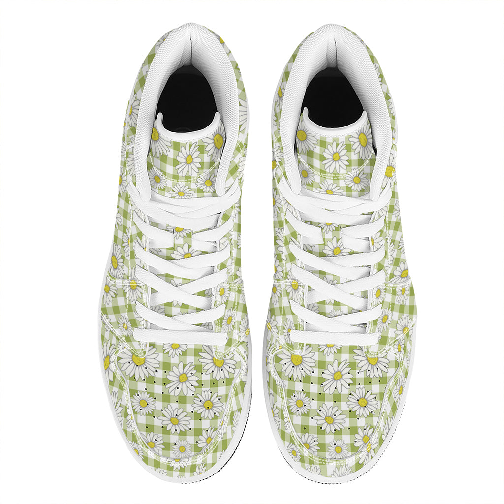 Green Tartan Daisy Pattern Print High Top Leather Sneakers