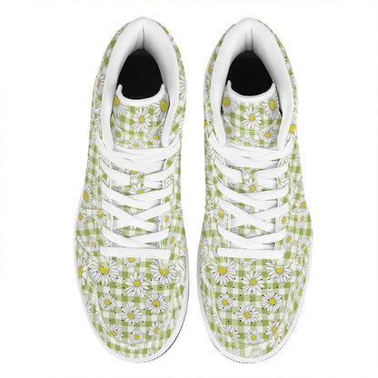 Green Tartan Daisy Pattern Print High Top Leather Sneakers