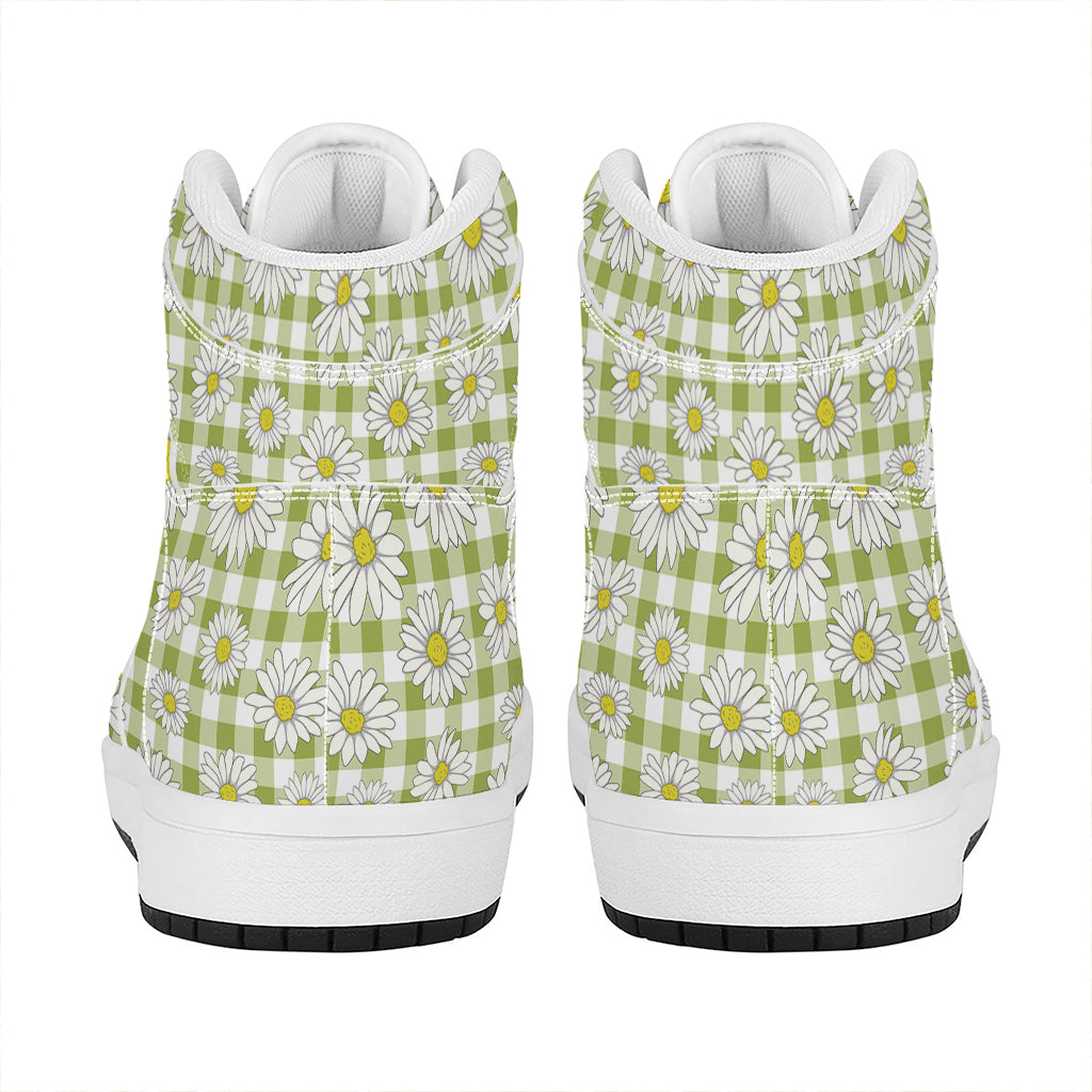 Green Tartan Daisy Pattern Print High Top Leather Sneakers