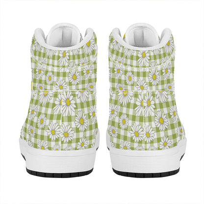 Green Tartan Daisy Pattern Print High Top Leather Sneakers