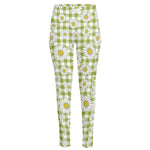 Green Tartan Daisy Pattern Print High-Waisted Pocket Leggings