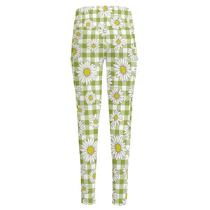 Green Tartan Daisy Pattern Print High-Waisted Pocket Leggings