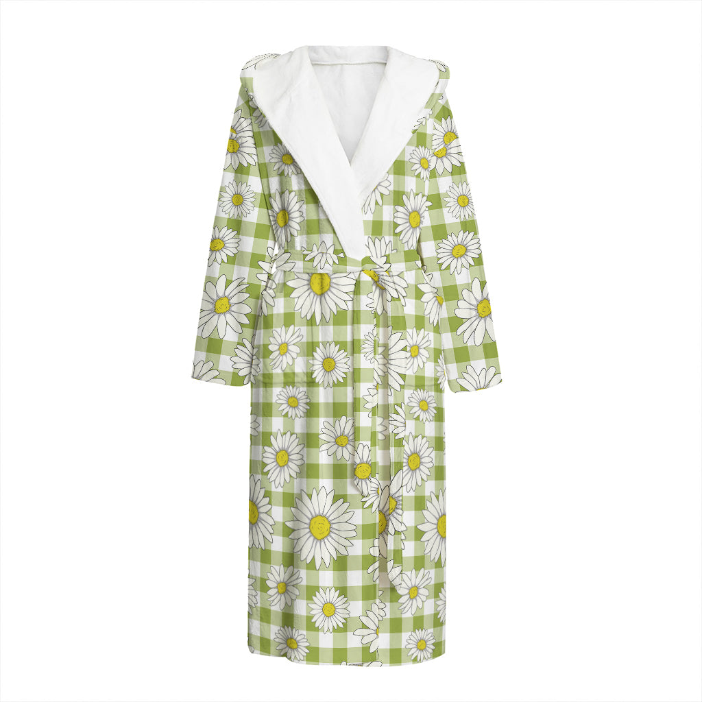 Green Tartan Daisy Pattern Print Hooded Bathrobe