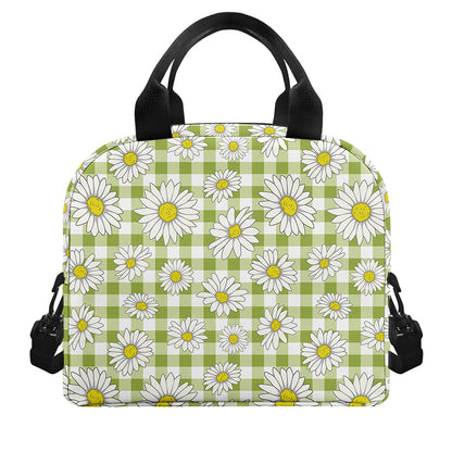 Green Tartan Daisy Pattern Print Insulated Lunch Bag