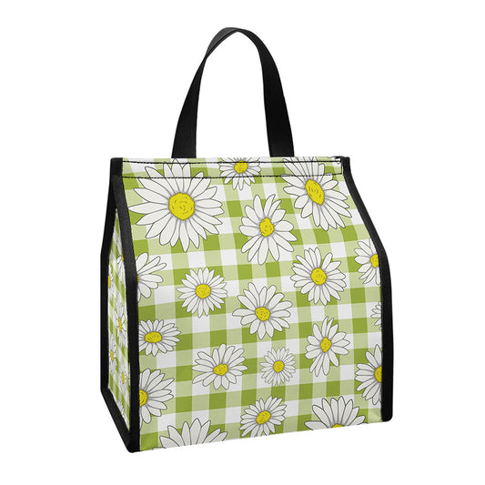 Green Tartan Daisy Pattern Print Insulated Lunch Tote