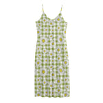 Green Tartan Daisy Pattern Print Jersey Midi Cami Dress
