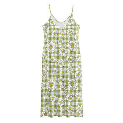 Green Tartan Daisy Pattern Print Jersey Midi Cami Dress