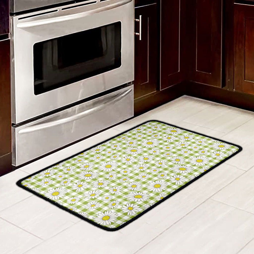 Green Tartan Daisy Pattern Print Kitchen Mat