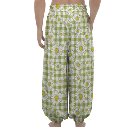 Green Tartan Daisy Pattern Print Lantern Pants