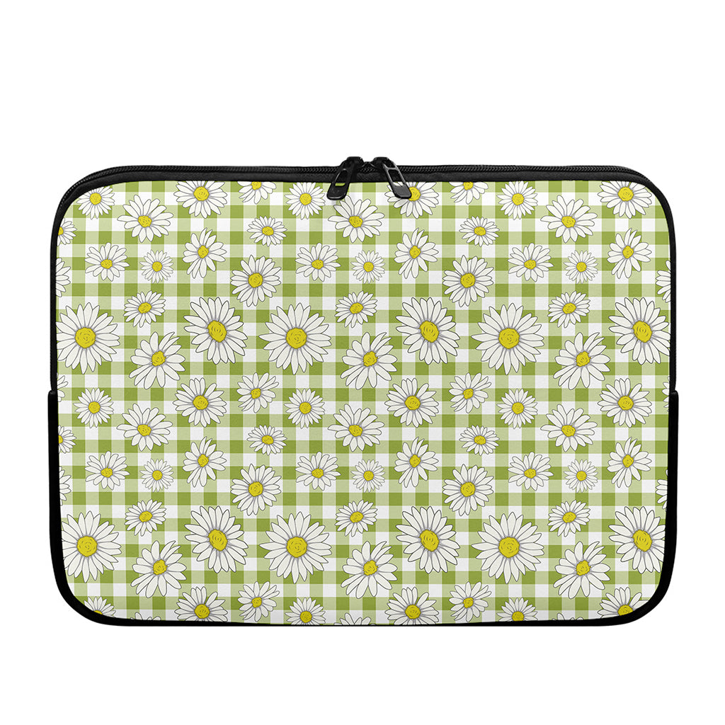 Green Tartan Daisy Pattern Print Laptop Sleeve