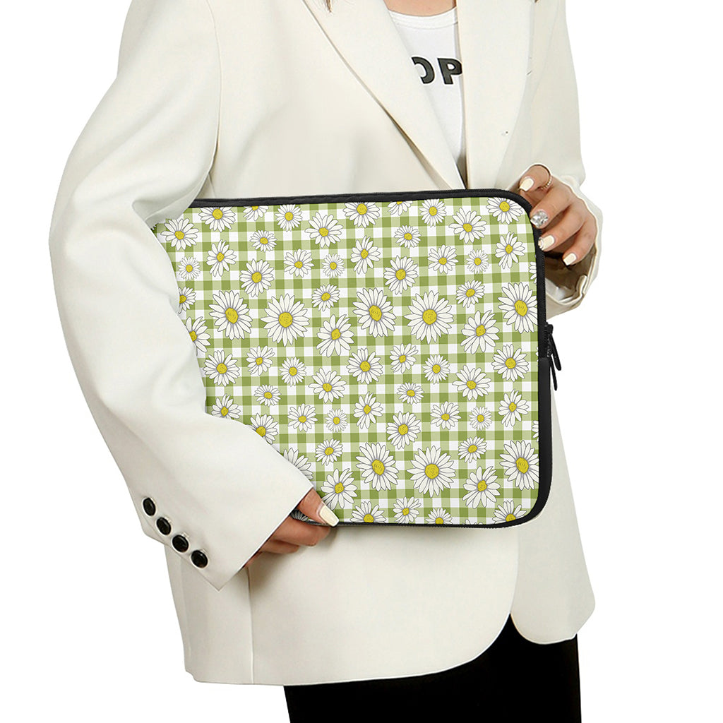 Green Tartan Daisy Pattern Print Laptop Sleeve