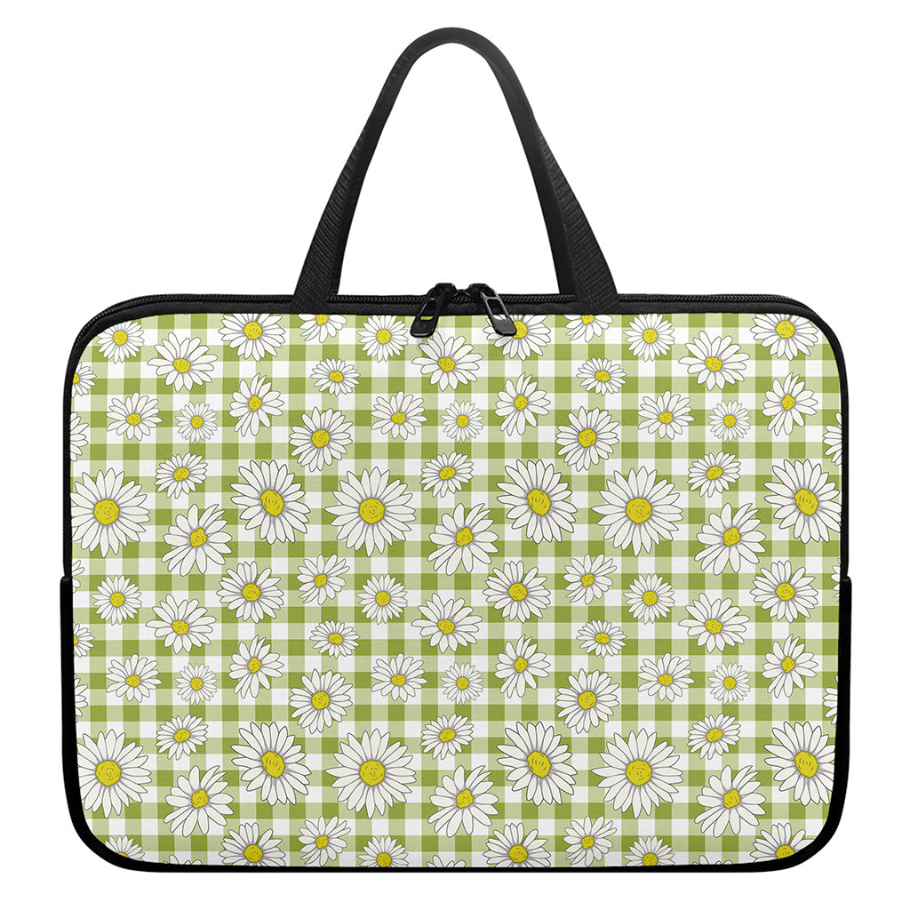 Green Tartan Daisy Pattern Print Laptop Sleeve With Handle
