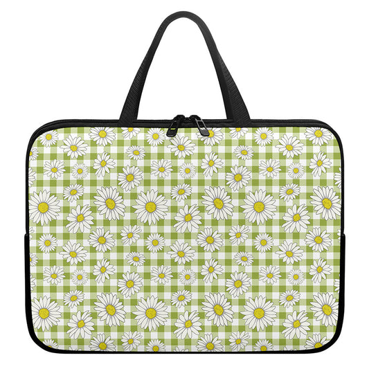 Green Tartan Daisy Pattern Print Laptop Sleeve With Handle