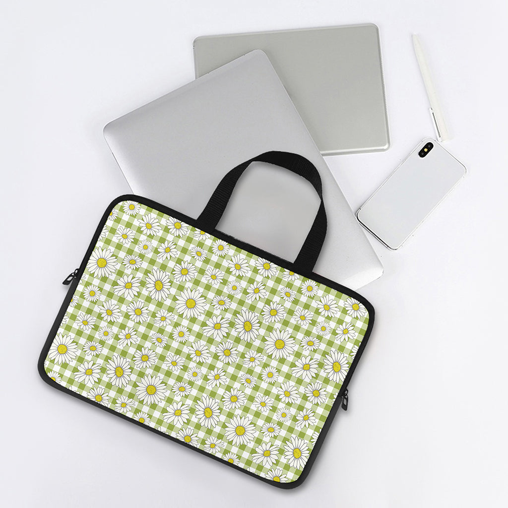 Green Tartan Daisy Pattern Print Laptop Sleeve With Handle