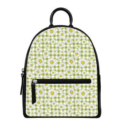 Green Tartan Daisy Pattern Print Leather Backpack