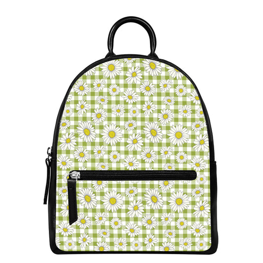 Green Tartan Daisy Pattern Print Leather Backpack