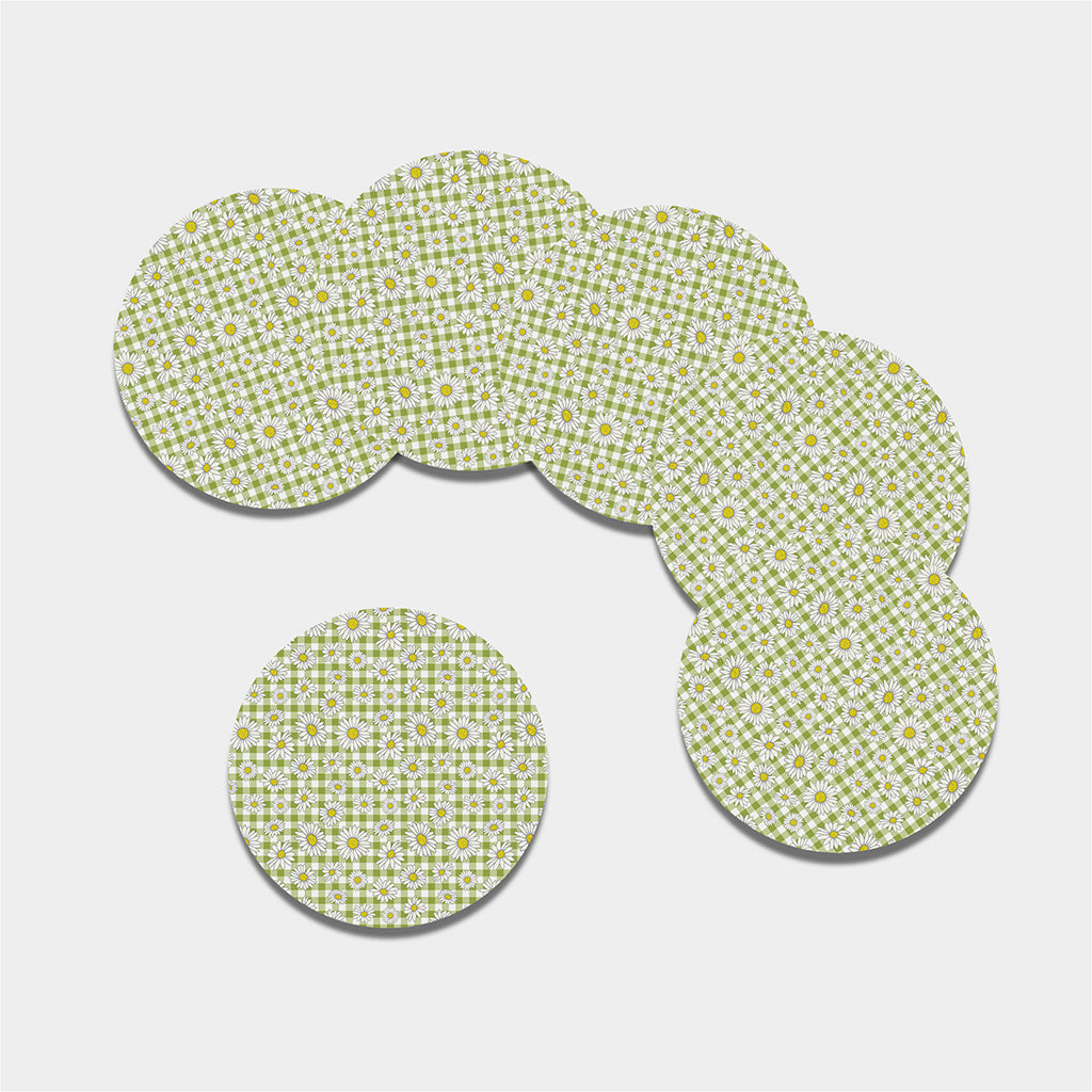 Green Tartan Daisy Pattern Print Leather Coaster Set