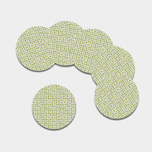 Green Tartan Daisy Pattern Print Leather Coaster Set