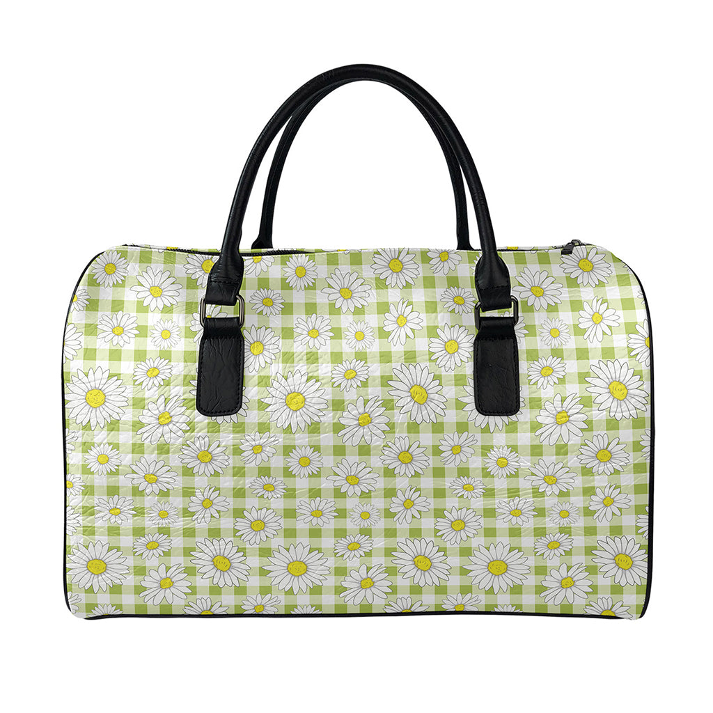 Green Tartan Daisy Pattern Print Leather Duffle Bag
