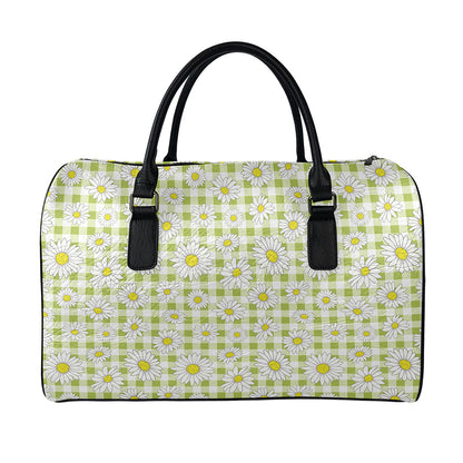 Green Tartan Daisy Pattern Print Leather Duffle Bag