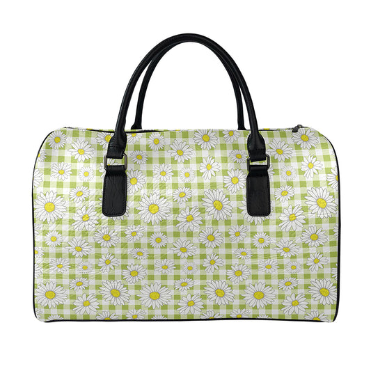Green Tartan Daisy Pattern Print Leather Duffle Bag
