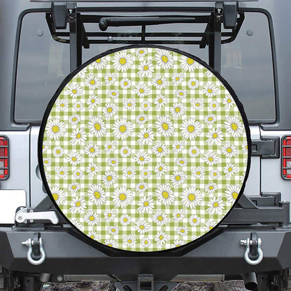 Green Tartan Daisy Pattern Print Leather Spare Tire Cover