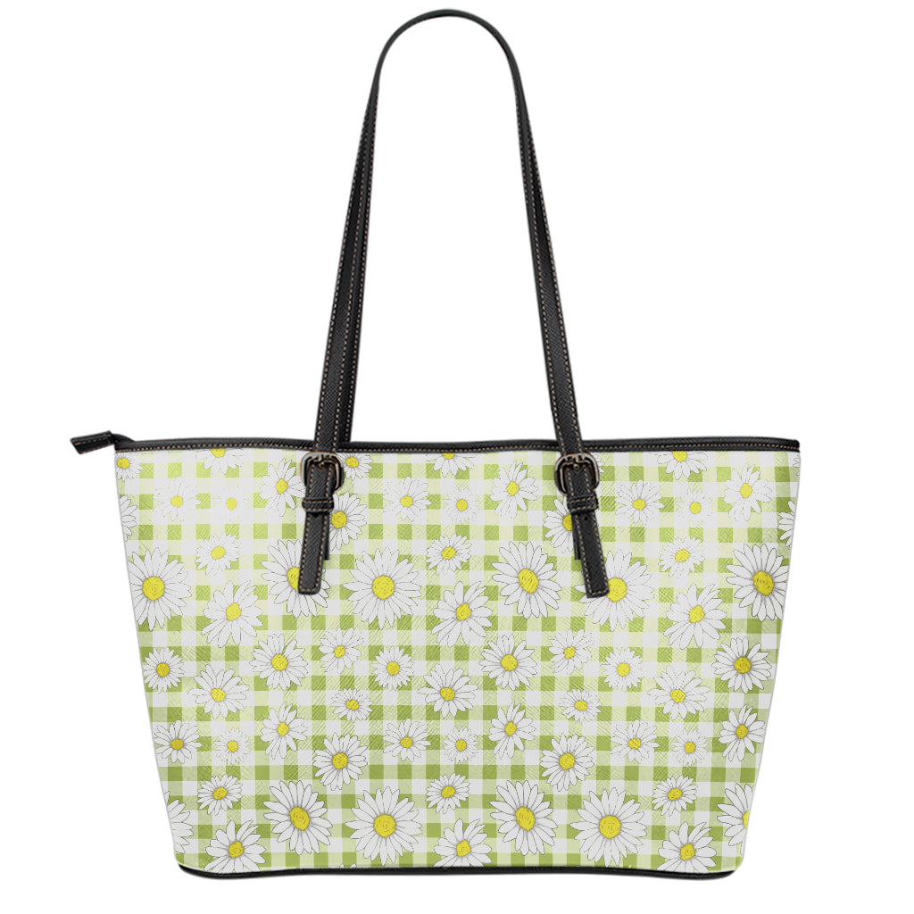 Green Tartan Daisy Pattern Print Leather Tote Bag