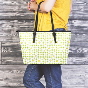 Green Tartan Daisy Pattern Print Leather Tote Bag