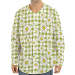 Green Tartan Daisy Pattern Print Long Sleeve Baseball Jersey