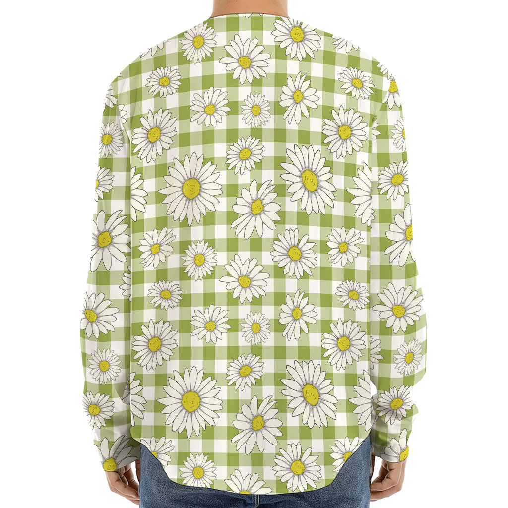 Green Tartan Daisy Pattern Print Long Sleeve Baseball Jersey