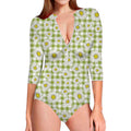 Green Tartan Daisy Pattern Print Long Sleeve Swimsuit