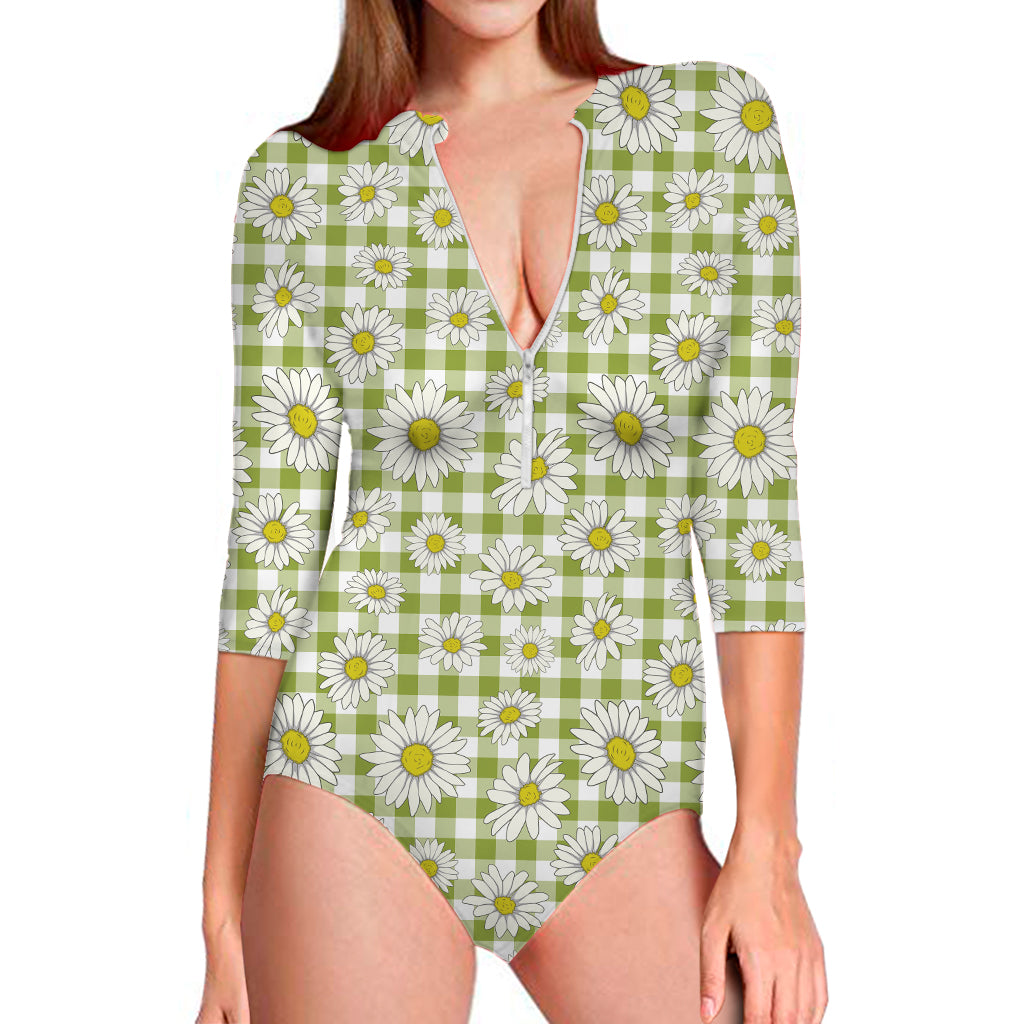Green Tartan Daisy Pattern Print Long Sleeve Swimsuit