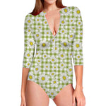 Green Tartan Daisy Pattern Print Long Sleeve Swimsuit