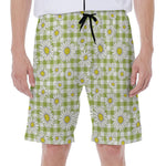 Green Tartan Daisy Pattern Print Men's Beach Shorts