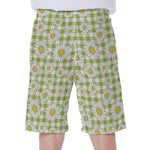 Green Tartan Daisy Pattern Print Men's Beach Shorts