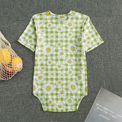 Green Tartan Daisy Pattern Print Men's Bodysuit