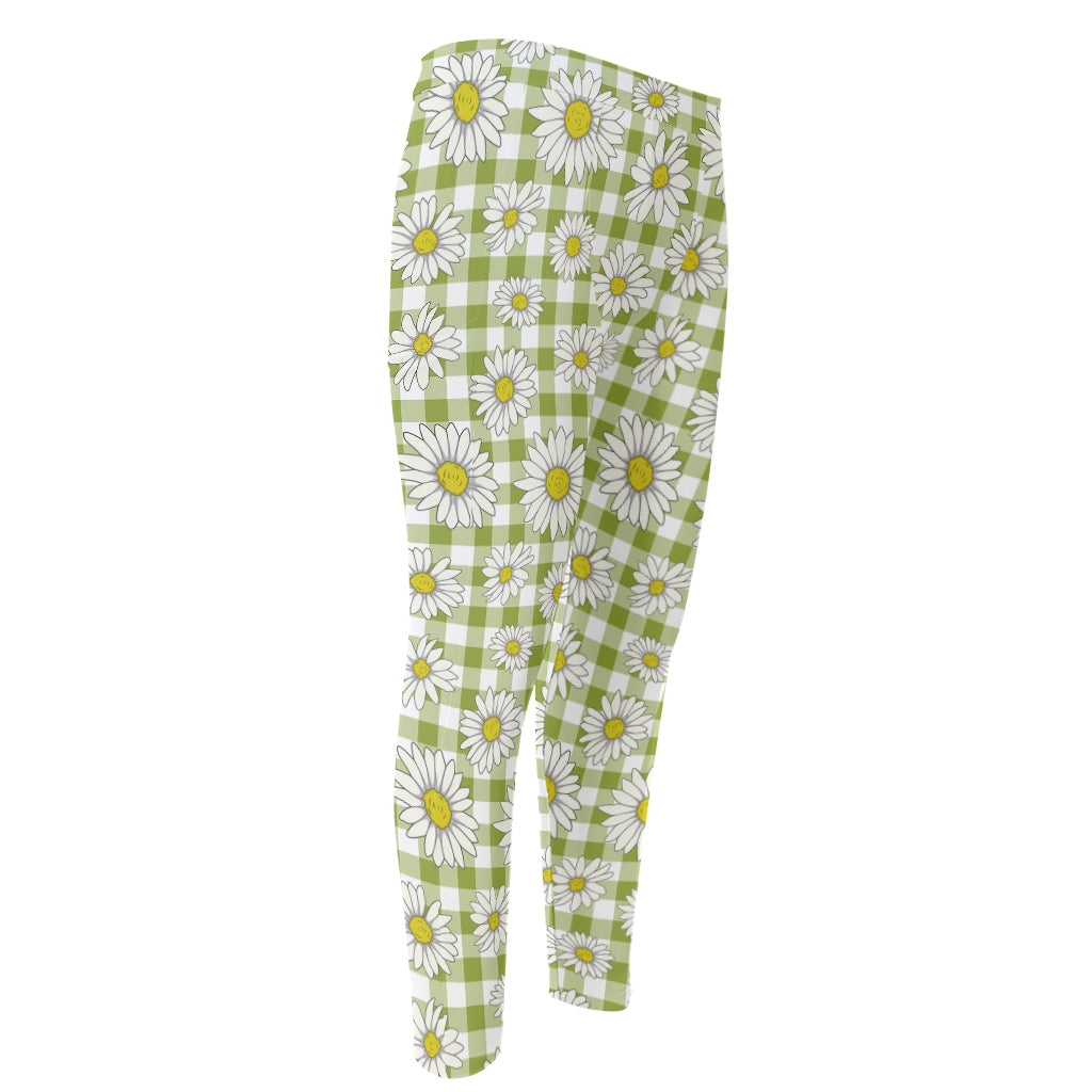 Green Tartan Daisy Pattern Print Men's Compression Pants