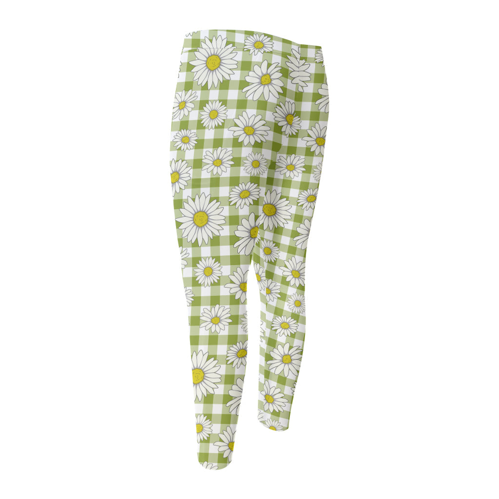 Green Tartan Daisy Pattern Print Men's Compression Pants