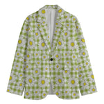 Green Tartan Daisy Pattern Print Men's Cotton Blazer